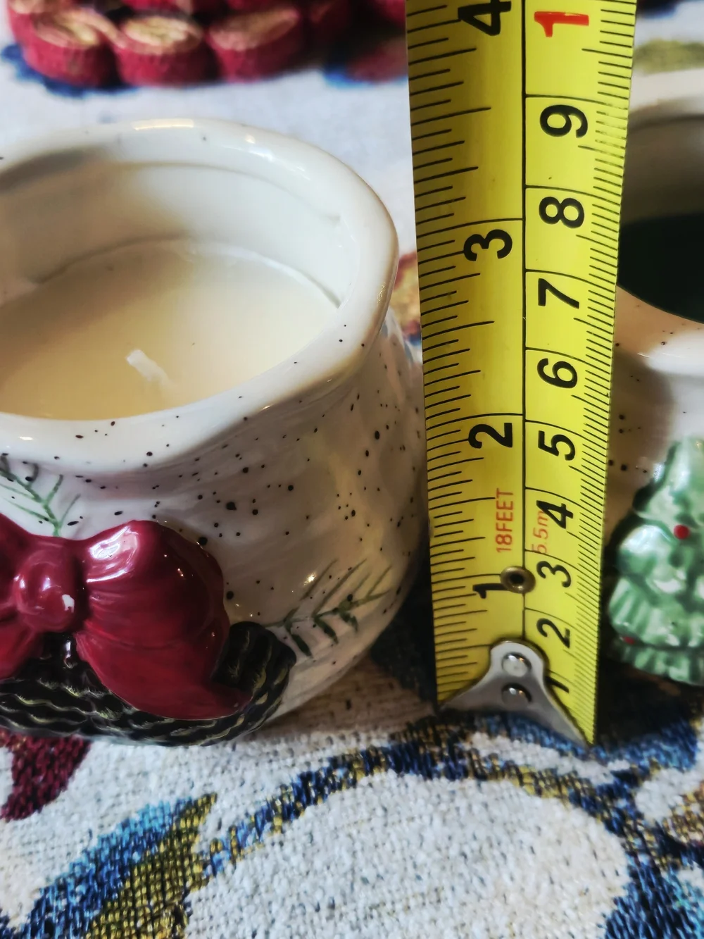 Ceramic Christmas Votive Candle Jar with Pinecone and Tree Motifs